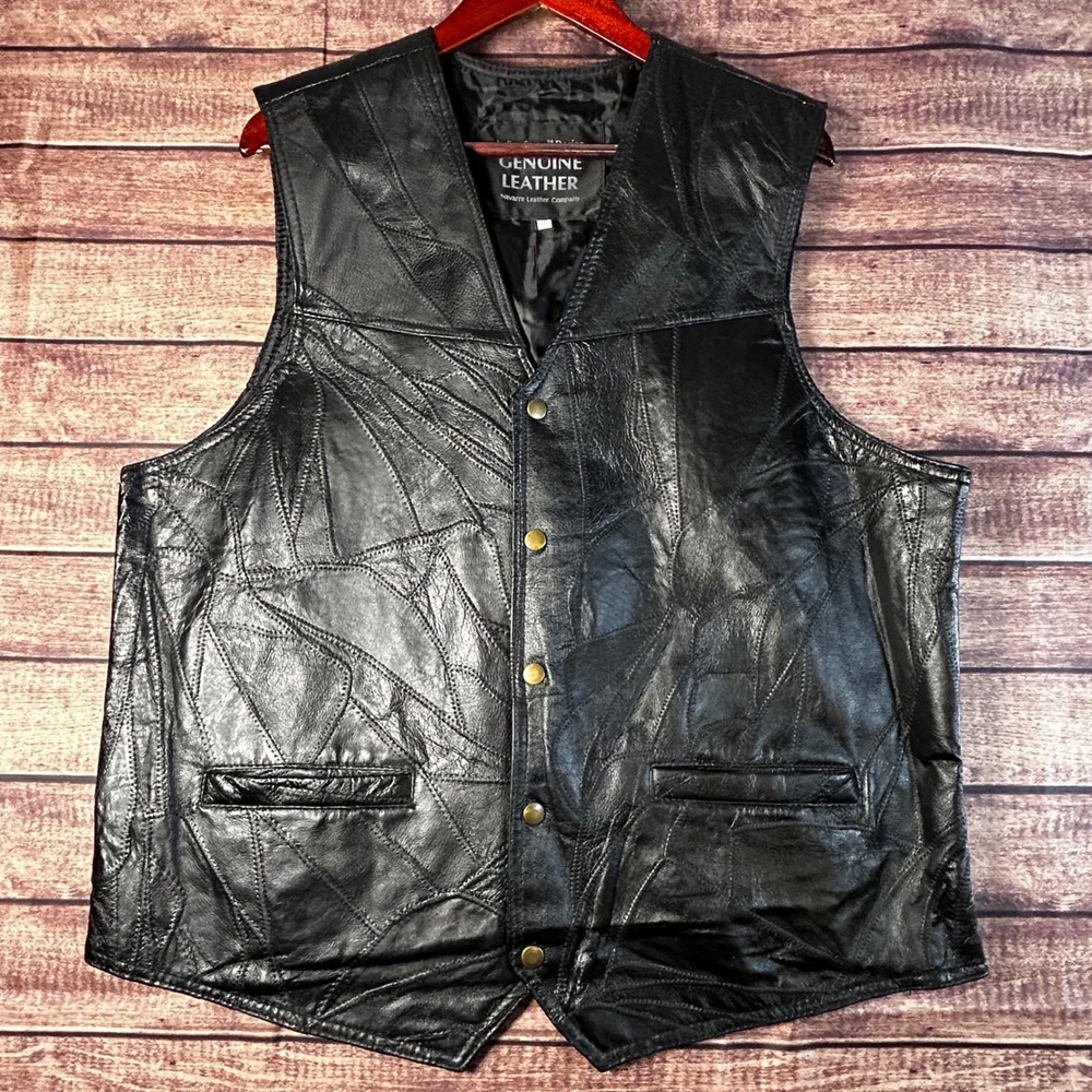 Italian Stone Design Navarre Men Black Patchwork Genuine Leather Biker Vest XXXL